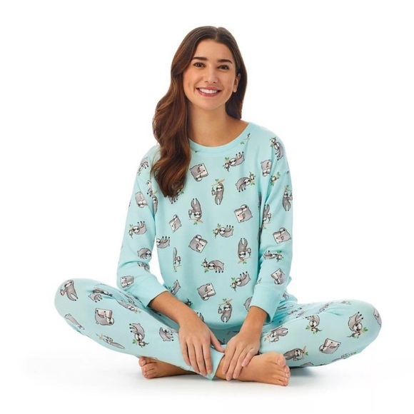 NEW Cuddl Duds Pajamas Mint Sloth Bear Sweater Knit 2 Pc Sleep Set Sz XL - Picture 1 of 11